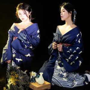 Kimono femme Bleu Motifs Japonais